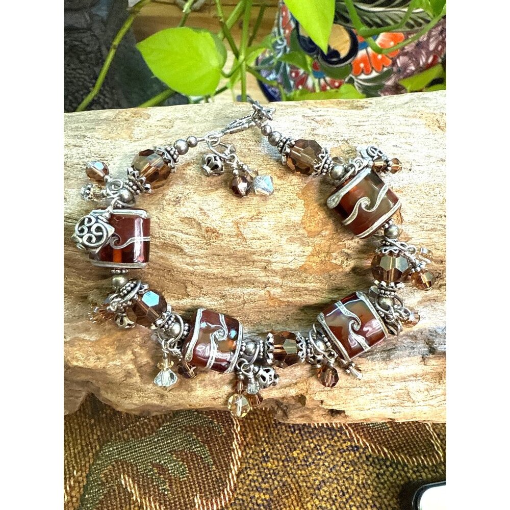 Bali Silver Tested  & Rootbeer Glass Bracelet Size 7